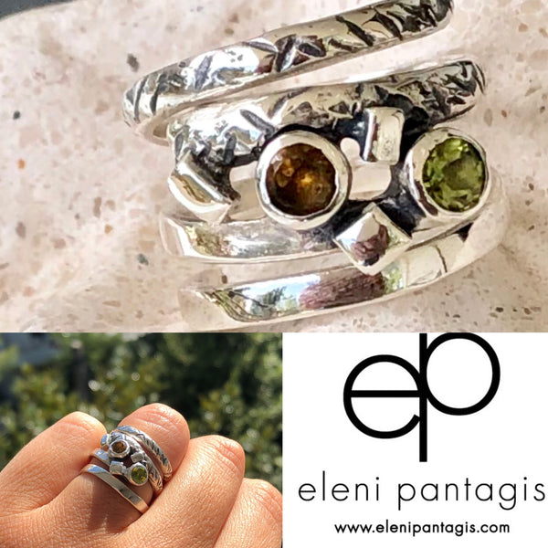 spiral silver ring with citrine and peridot stones, silver adjustable ring 