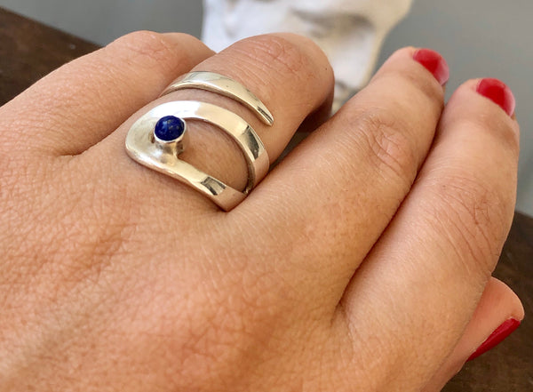 Lapis lazuli ring,  silver adjustable ring, drop silver ring 