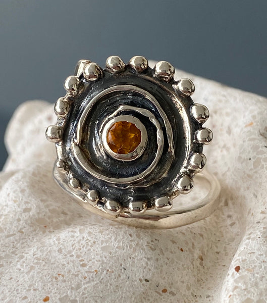 Sun ring, swirl ring, large silver sun ring citrine ring 