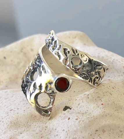 Abstract silver ring, red garnet ring, silver adjustable ring, January birthstone ring 
