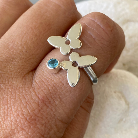 Silver butterfly ring, butterfly ring with gemstone blue topaz ring