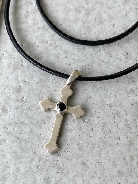 silver cross, woman’s silver cross Byzantine cross black gemstone 