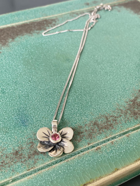 flower pendant, pink tourmaline silver necklace, poppy flower necklace 