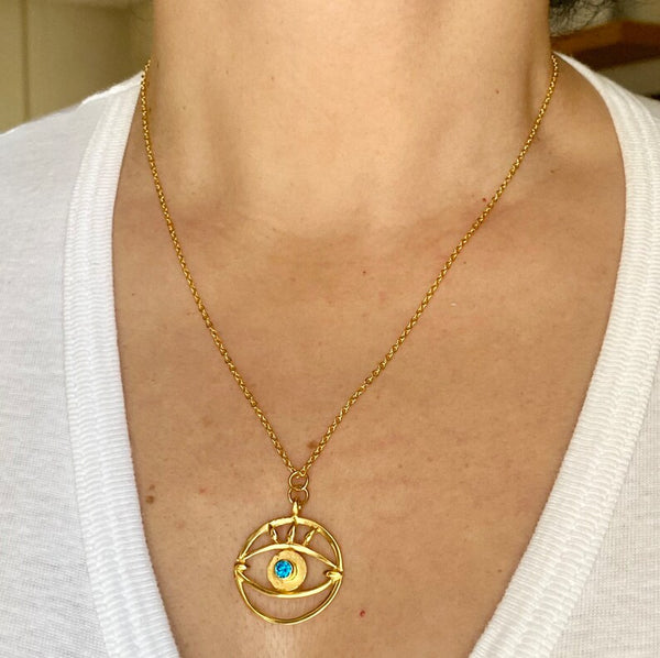 Large evil eye pendant,  gold eye pendant chain, eye jewelry