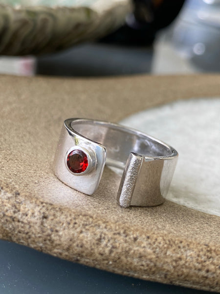 Red garnet silver ring adjustable January birthstone red stone ring 