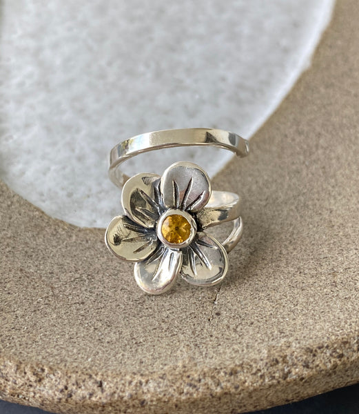 citrine ring, flower silver ring, handmade silver ring, greek ring