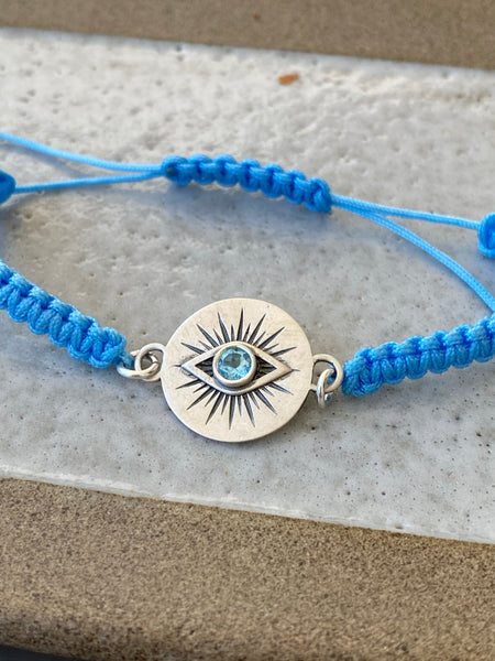 Evil eye bracelet, blue topaz bracelet, evil eye circle bracelet 