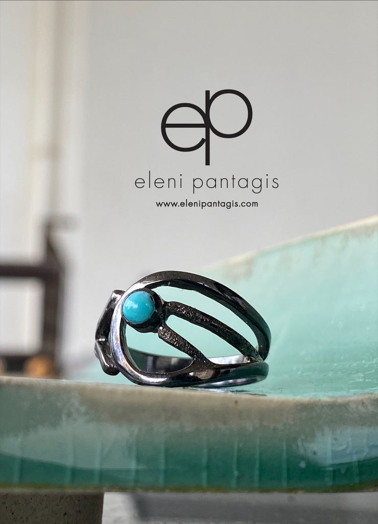 Black ring with turquoise gemstone women’s fashion ring 