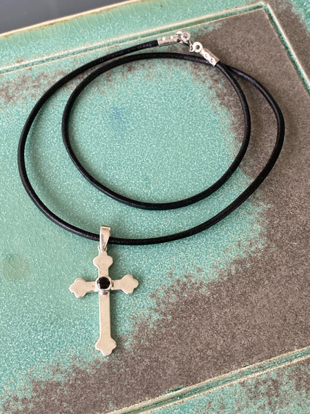 silver cross, woman’s silver cross Byzantine cross black gemstone 