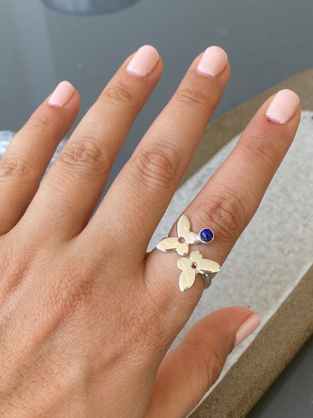 Silver butterfly ring, butterfly ring with gemstone blue lapis ring