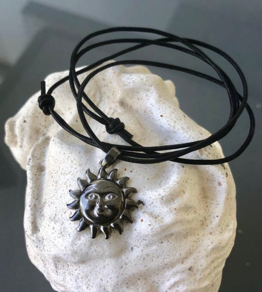 Black sun pendant, sun necklace, sterling silver sun 