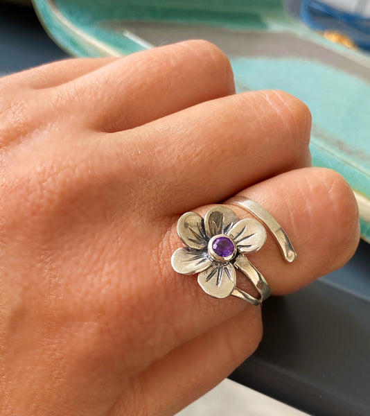 Flower ring silver, amethyst silver ring, amethyst flower ring 