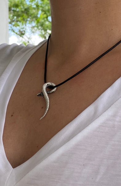 Silver snake pendant, large snake pendant with leather 