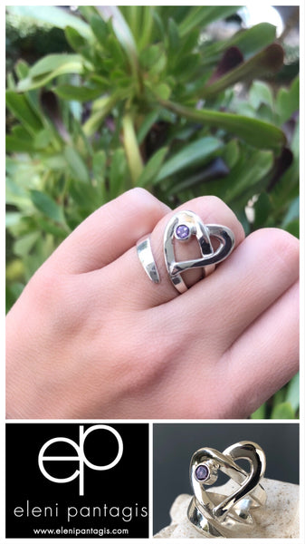 Heart ring, contemporary silver heart amethyst stone, adjustable heart ring 