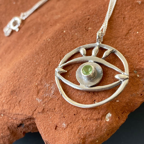 Large evil eye pendant, peridot pendant, silver eye pendant silver chain, eye jewelry 
