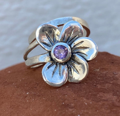 poppy flower ring, amethyst silver ring, silver ring adjustable