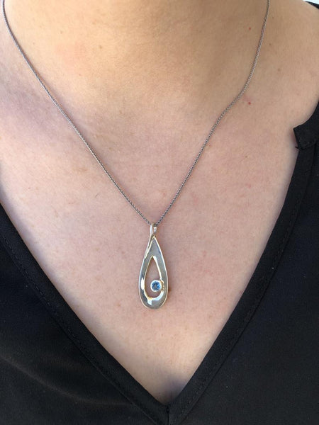 Blue topaz silver pendant drop pendant, silver chain 
