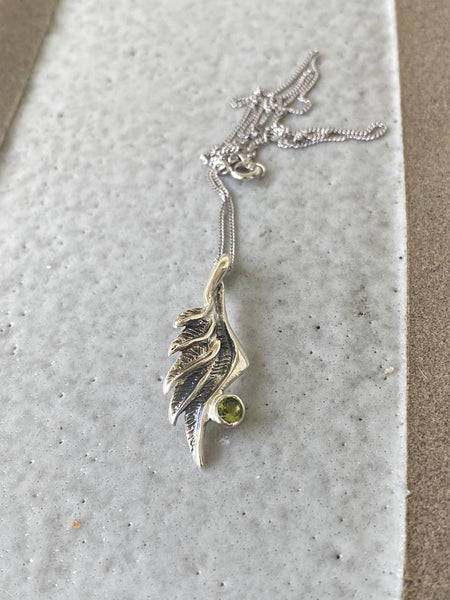 angel wing pendant, peridot silver pendant, silver pendant silver chain