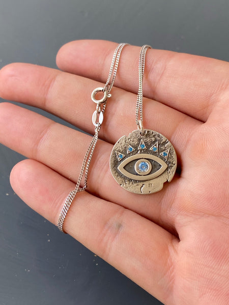 Evil eye necklace coin, evil eye with blue gemstones 