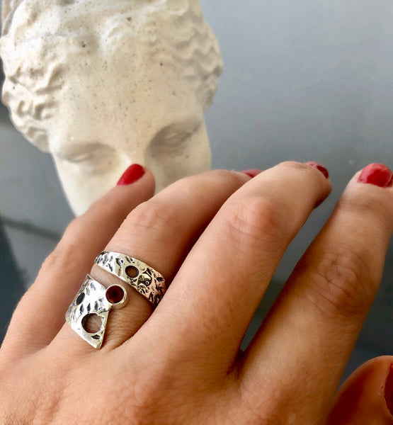 red garnet ring, silver adjustable ring, red garnet ring silver 