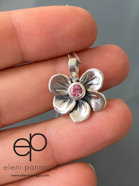 flower pendant, pink tourmaline silver necklace, poppy flower necklace 