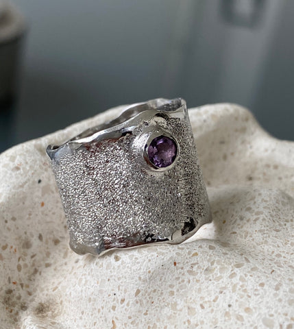 Amethyst Silver ring, Amethyst Solitaire ring wide silver rough silver ring 