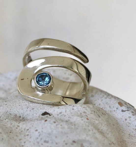 blue topaz silver adjustable ring, drop shape silver ring, contemporary silver ring 