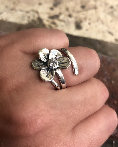 Flower ring silver, zircon gemstone flower ring 