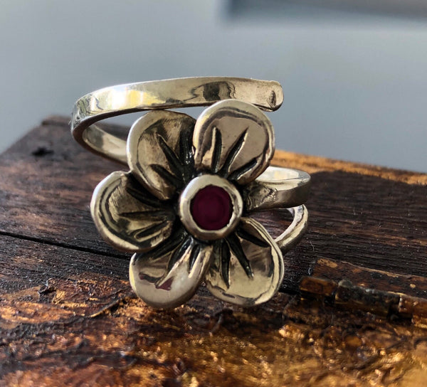 Flower ring silver, poppy flower with red garnet gemstone 