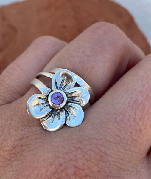 poppy flower ring, amethyst silver ring, silver ring adjustable