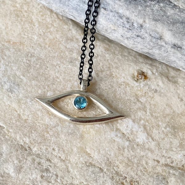 Evil eye necklace silver topaz black stainless steel chain