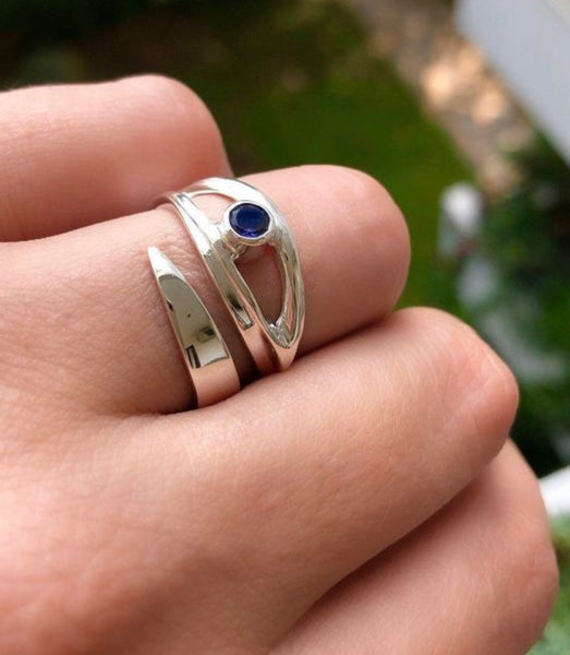 eye ring, blue iolite silver ring silver eye ring with blue stone ring 