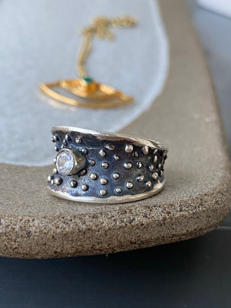 Silver ring gemstone ring, starry night ring