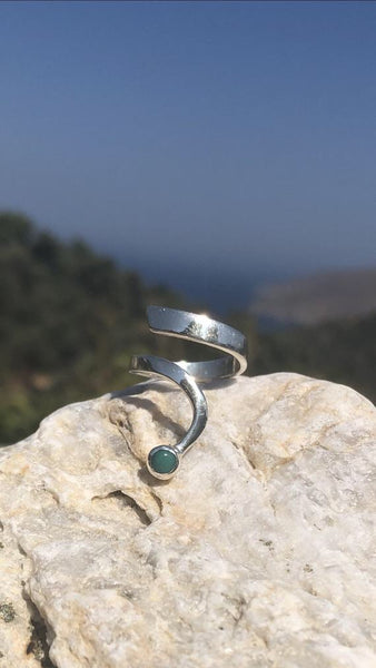 turquoise silver wave ring, turquoise ring, blue green stone silver ring 