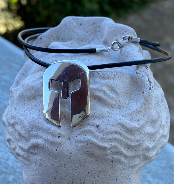 Spartan necklace silver with leather cord, silver spartan helmet necklace