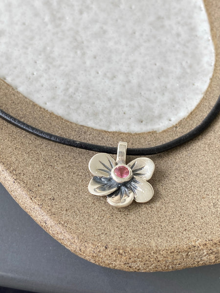 flower pendant, pink tourmaline silver necklace, poppy flower necklace 