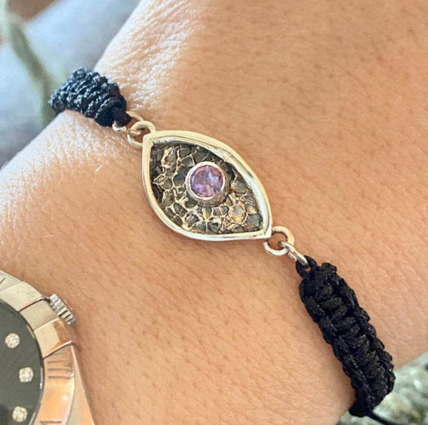 Evil eye bracelet with a purple gemstone, amethyst eye bracelet