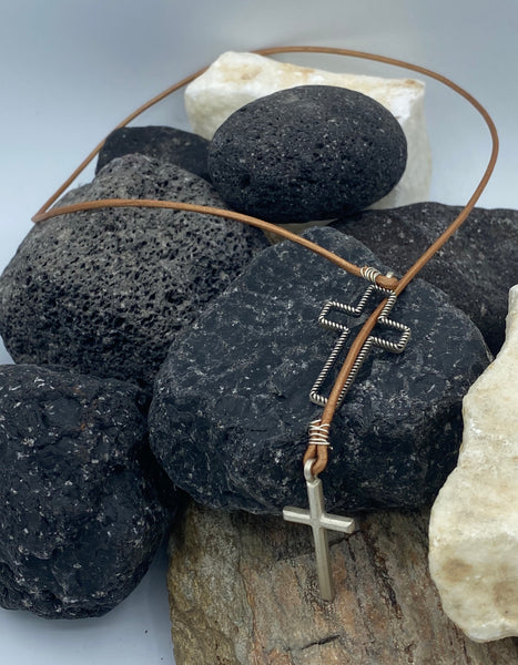 Lariat Silver cross necklace, 2 large silver crosses with brown leather cord