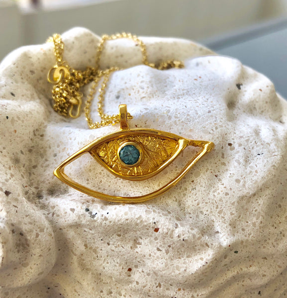 Evil eye pendant gold, sterling silver blue topaz gemstone evil eye 