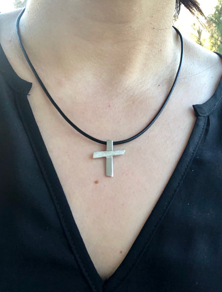 Silver cross necklace with leather rope, textured silver cross, silver cross pendant 