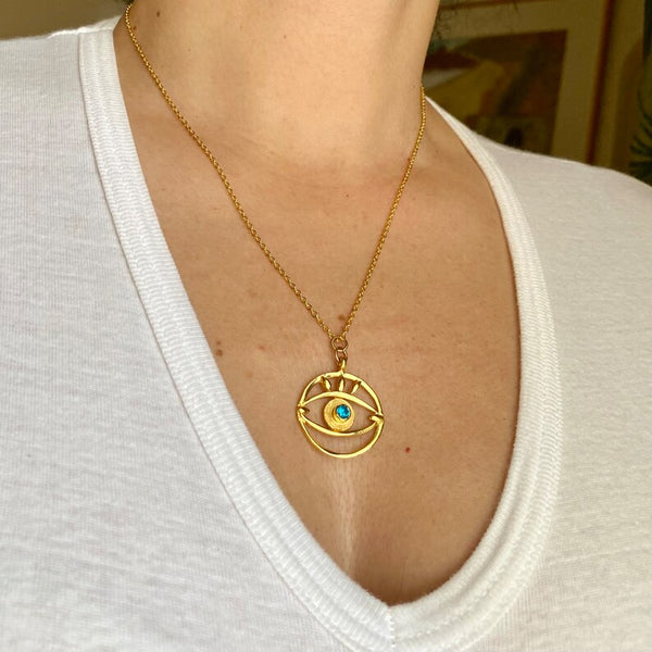 Large evil eye pendant,  gold eye pendant chain, eye jewelry