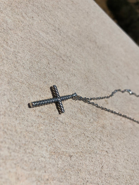 rope silver cross necklace with leather cord, rope silver cross 