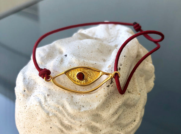 Evil eye bracelet red gold, garnet evil eye bracelet with red nylon cord 