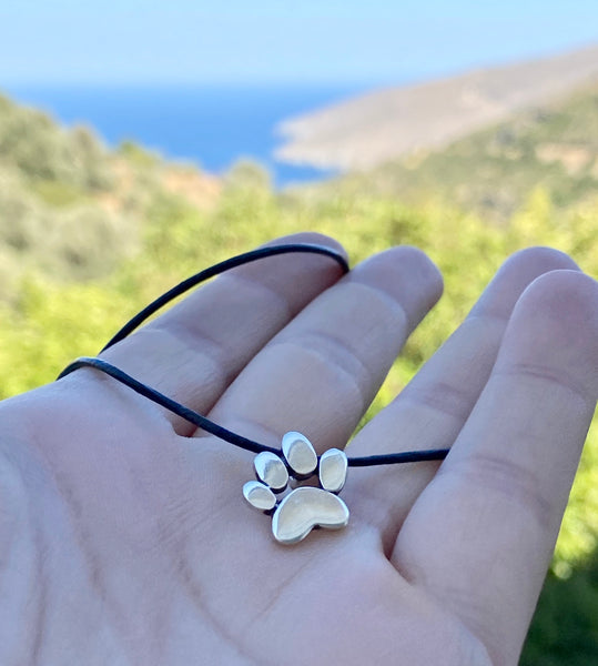 paw necklace silver with leather cord