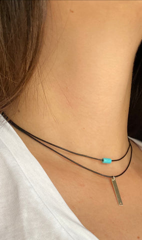 Silver bar chocker black leather necklace with turquoise stone