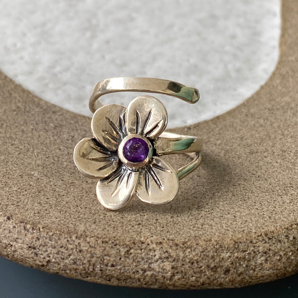 Flower ring silver, amethyst silver ring, amethyst flower ring 