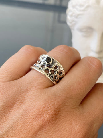Silver ring black spinel gemstone ring, lunar ring