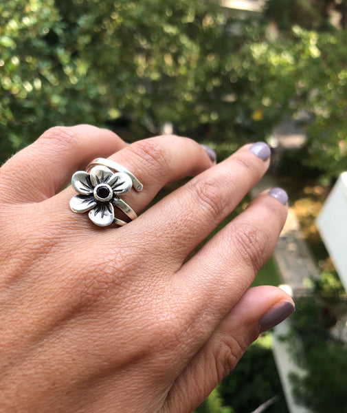 Flower ring silver, poppy flower with red garnet gemstone 