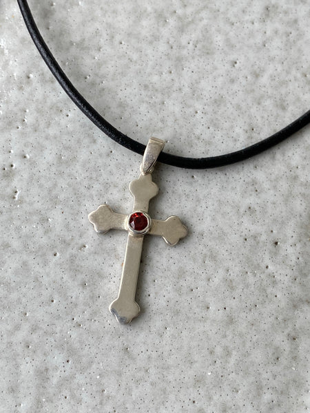 silver cross, woman’s silver cross Byzantine cross with red gem 