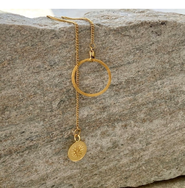 Lariat necklace gold circle with Macedonian star greek necklace